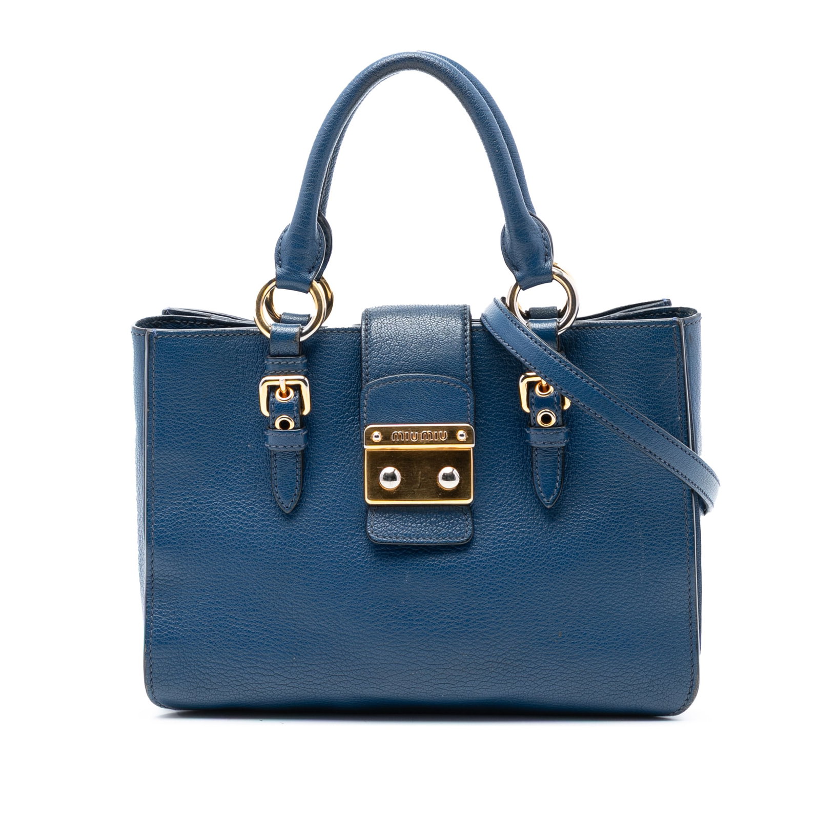 Blue Miu Miu Madras Leather Satchel with Detachable Strap: Blue Miu Miu Madras Leather Satchel with Detachable Strap This Miu Miu Goatskin Madras Satchel features a goatskin leather body in blue, rolled handles, a detachable flat strap, and a top strap with S