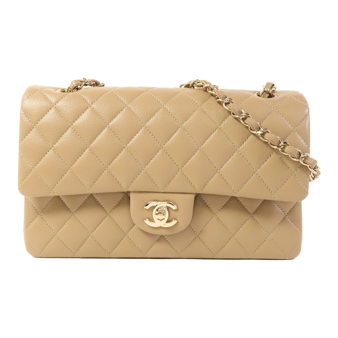 CHANEL Classic 25 Shoulder Bag A01112 Beige Calfskin GHW: CHANEL Classic 25 Shoulder Bag A01112 Beige Calfskin GHW Introducing the CHANEL Classic 25 Chain Shoulder Bag, a timeless accessory crafted from luxurious beige calfskin leather. This elegant shoulder