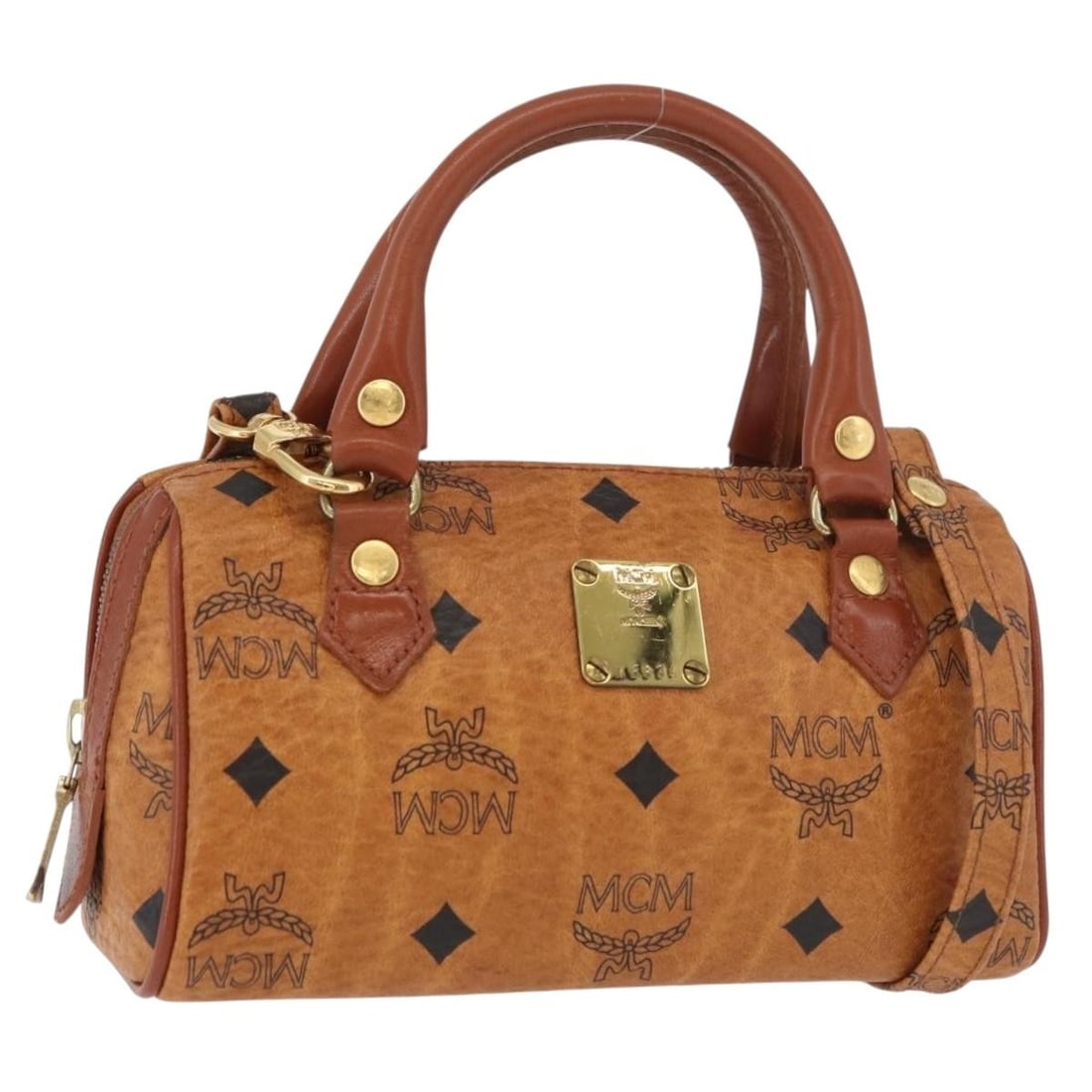 MCM Vicetos Brown Gold PVC Boston Bag with Shoulder Strap: MCM Vicetos Brown Gold PVC Boston Bag with Shoulder Strap This MCM Logogram Vicetos Mini Boston Bag offers a versatile 2-way design crafted from brown and gold PVC leather. Featuring a compact and str