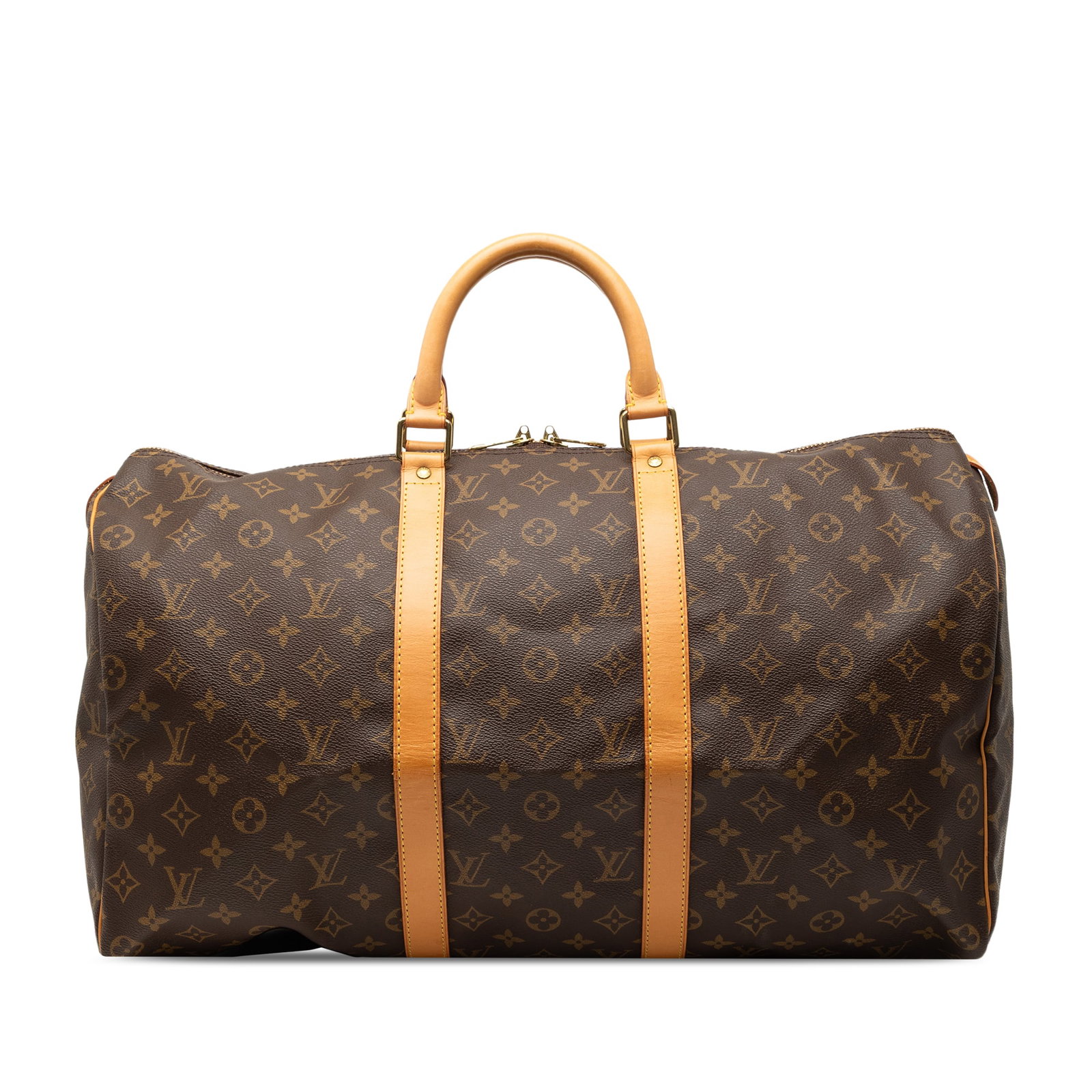 Louis Vuitton Keepall 50 Brown Monogram Canvas Travel Bag: Louis Vuitton Keepall 50 Brown Monogram Canvas Travel Bag The Louis Vuitton Monogram Keepall 50 features a signature monogram canvas body with rolled leather handles and a top zip closure. The exterio