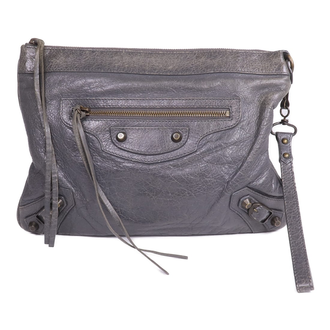 Balenciaga Gray Calfskin Motorcycle Clutch with Gold Hardware: Balenciaga Gray Calfskin Motorcycle Clutch with Gold Hardware This Balenciaga clutch features a gray calfskin leather exterior and gold hardware, designed for women. It offers a stylish and practical 
