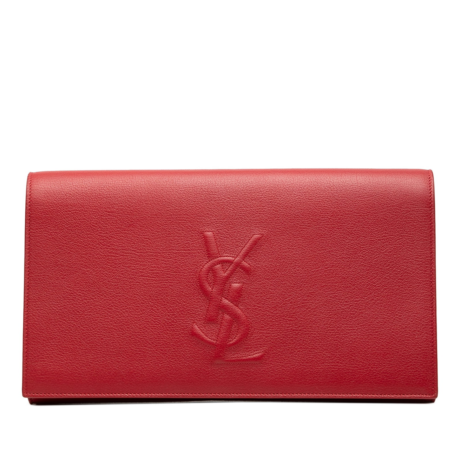 Red Leather Belle de Jour Envelope Clutch by Saint Laurent: Red Leather Belle de Jour Envelope Clutch by Saint Laurent This Saint Laurent Large Leather Belle de Jour Clutch features a red leather body with a front flap and magnetic snap closure, complemented b