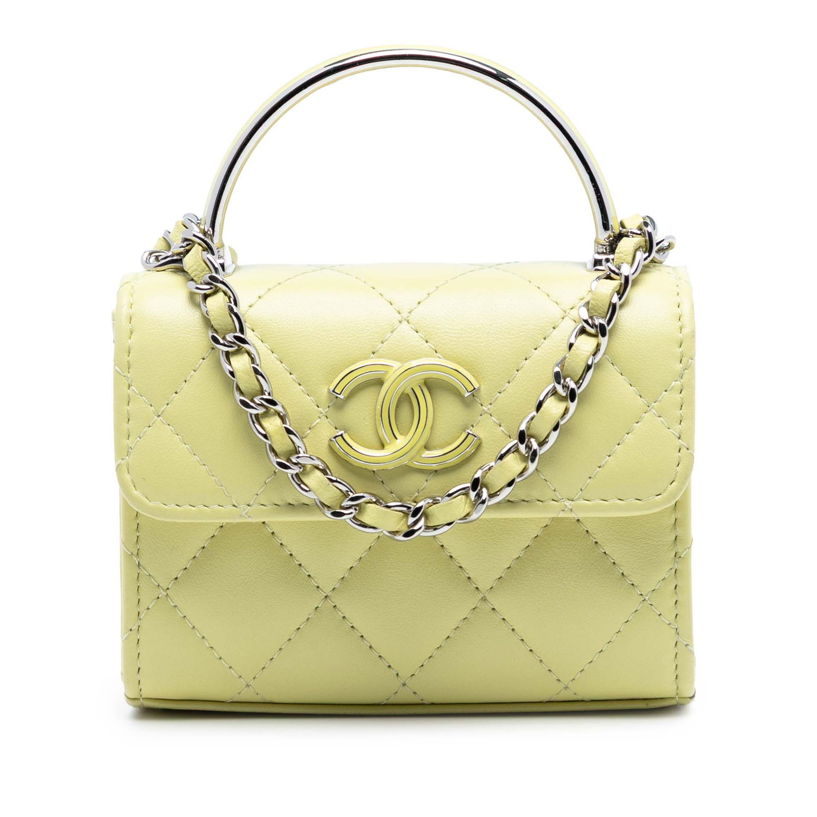 Chanel Yellow Mini Lambskin Quilted Satchel with Chain Top Handle: Chanel Yellow Mini Lambskin Quilted Satchel with Chain Top Handle This Chanel Mini Quilted Lambskin Chain Top Handle Bag features a quilted lambskin leather exterior in yellow, a flat top handle, and 