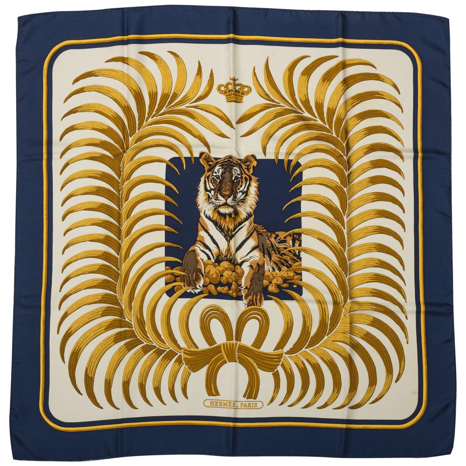 Vintage RARE Hermes Navy Gold Silk Tiger Scarf 35 in x 35 in: Vintage RARE Hermes Navy Gold Silk Tiger Scarf 35 in x 35 in Elevate your accessory collection with this Vintage RARE Hermes Navy Silk Tiger Scarf. Crafted from luxurious silk twill, this scarf featur