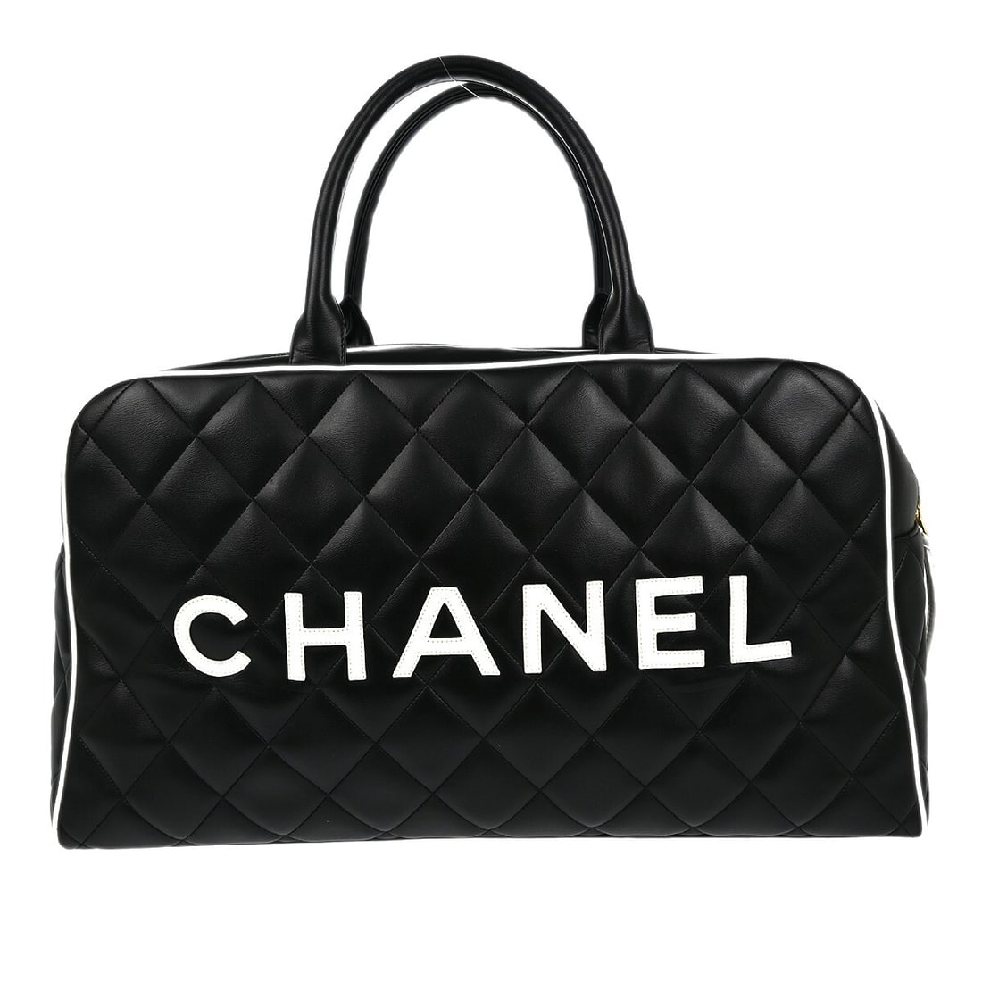 Chanel Vintage Black Calfskin Duffle Bag with Gold Hardware: Chanel Vintage Black Calfskin Duffle Bag with Gold Hardware This Chanel Black Calfskin Bowling Bag is a stylish and functional accessory perfect for casual occasions. Featuring a spacious interior wit