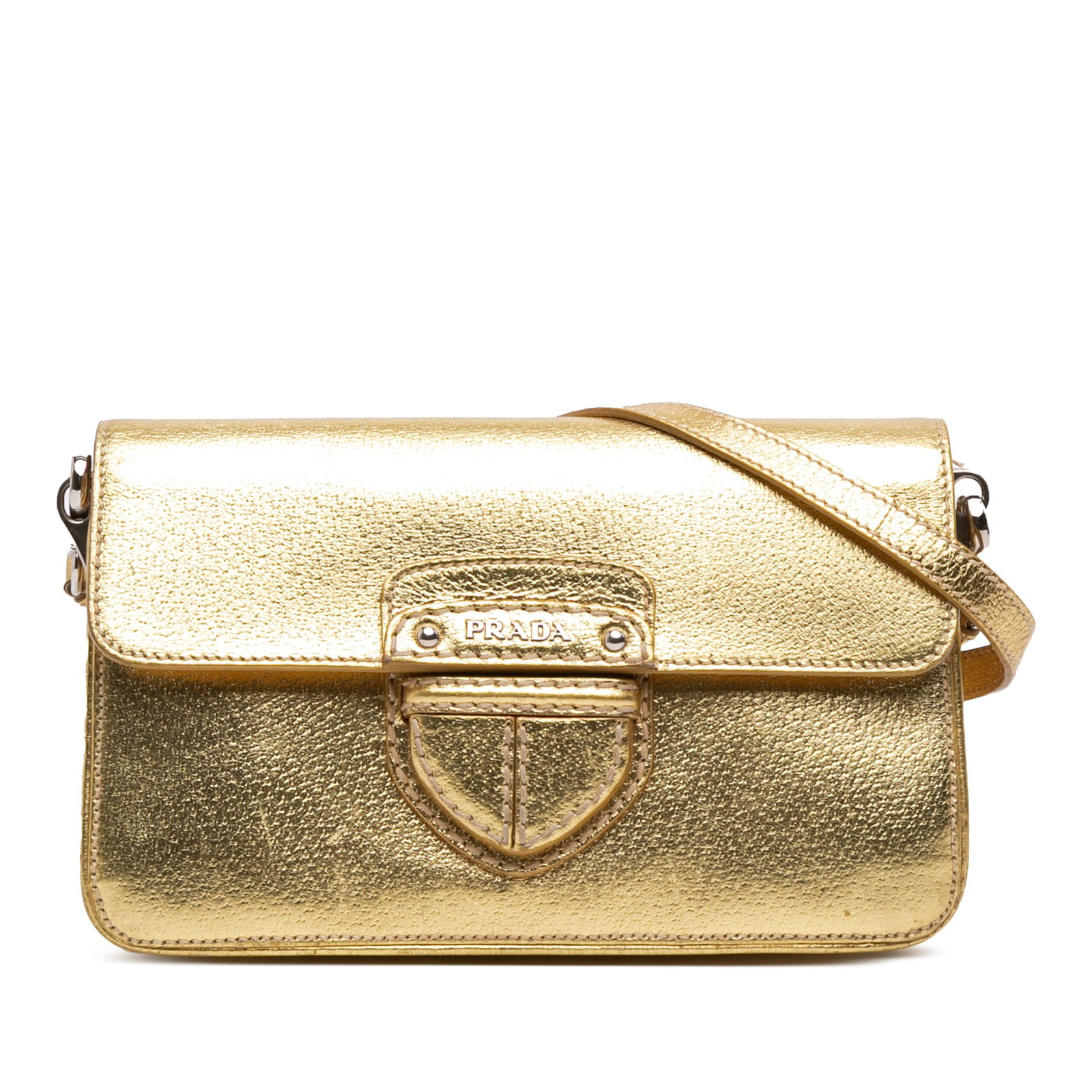 Prada Gold Leather Metallic Cinghiale Crossbody Bag from Italy: Prada Gold Leather Metallic Cinghiale Crossbody Bag from Italy This Prada Metallic Cinghiale Crossbody bag is crafted from pigskin leather and features a gold tone finish. It offers an adjustable flat