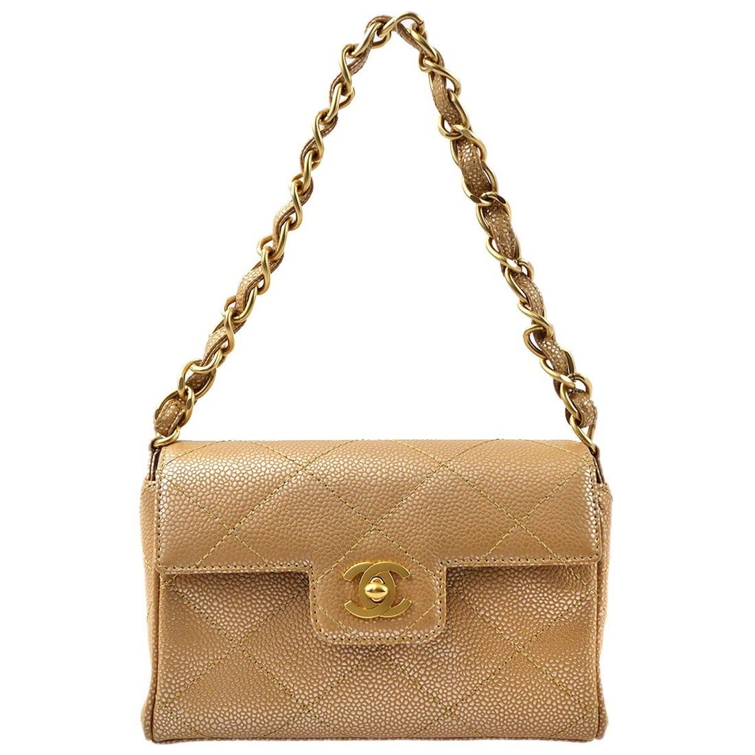 Chanel Caviar Skin Small Beige Chain Shoulder Bag with Turn Lock: Chanel Caviar Skin Small Beige Chain Shoulder Bag with Turn Lock This Chanel shoulder bag features beige caviar calfskin leather and a top handle design. The bag is equipped with a turn lock closure a