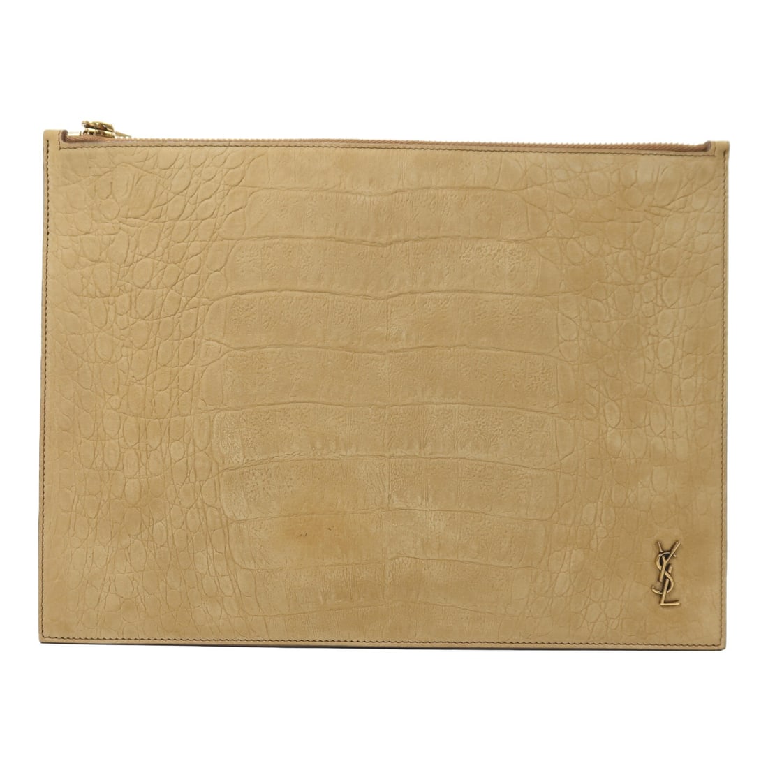 Yves Saint Laurent Brown Suede Pouch with Gold Hardware 636499: Yves Saint Laurent Brown Suede Pouch with Gold Hardware 636499 This Saint Laurent pouch features a brown suede exterior with matching brown frame, offering a sophisticated and classic look. Made in It