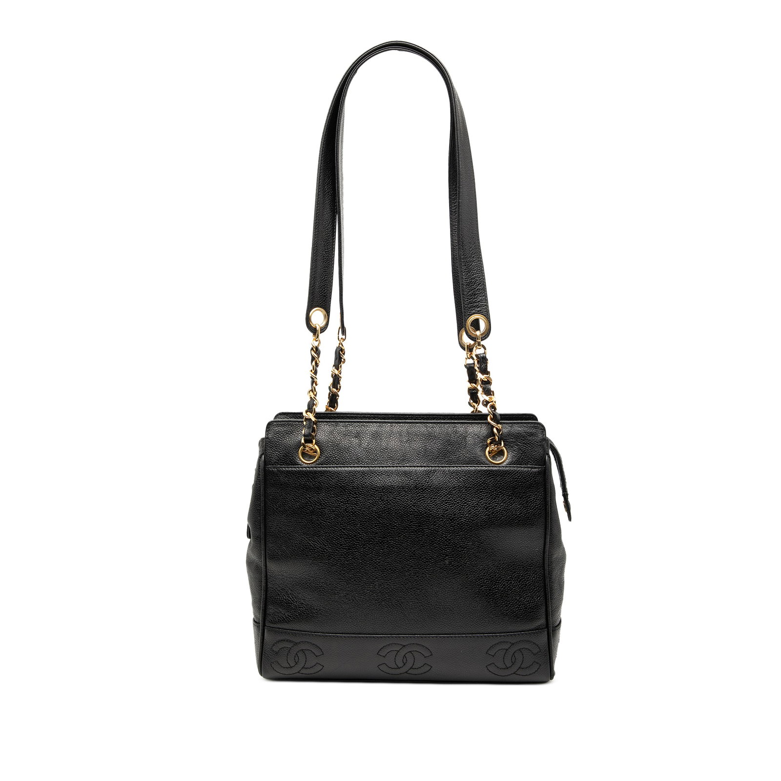 Chanel Caviar Leather Triple CC Black Chain Shoulder Bag: Chanel Caviar Leather Triple CC Black Chain Shoulder Bag The Chanel Triple CC Caviar Shoulder Bag features a caviar leather body with a distinctive texture, leather-woven chain straps with a leather g