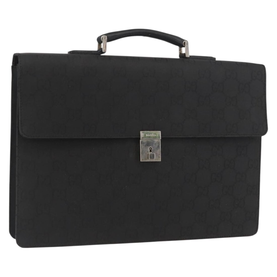 Gucci Black GG Canvas and Nylon Business Bag with Silver Accents: Gucci Black GG Canvas and Nylon Business Bag with Silver Accents This GUCCI GG Canvas business bag features a black nylon exterior with silver accents and GG canvas details. Designed for women, the ba