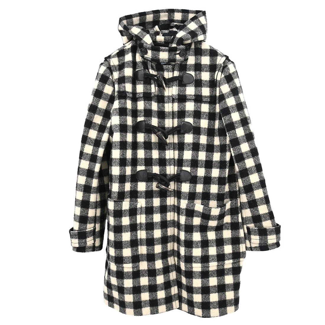 Black Wool Blend Toggle Overcoat by Prada for Women: Black Wool Blend Toggle Overcoat by Prada for Women This Prada women's duffel coat features a long silhouette crafted from a blend of 85% wool and 15% nylon. Designed in classic black, it offers both 