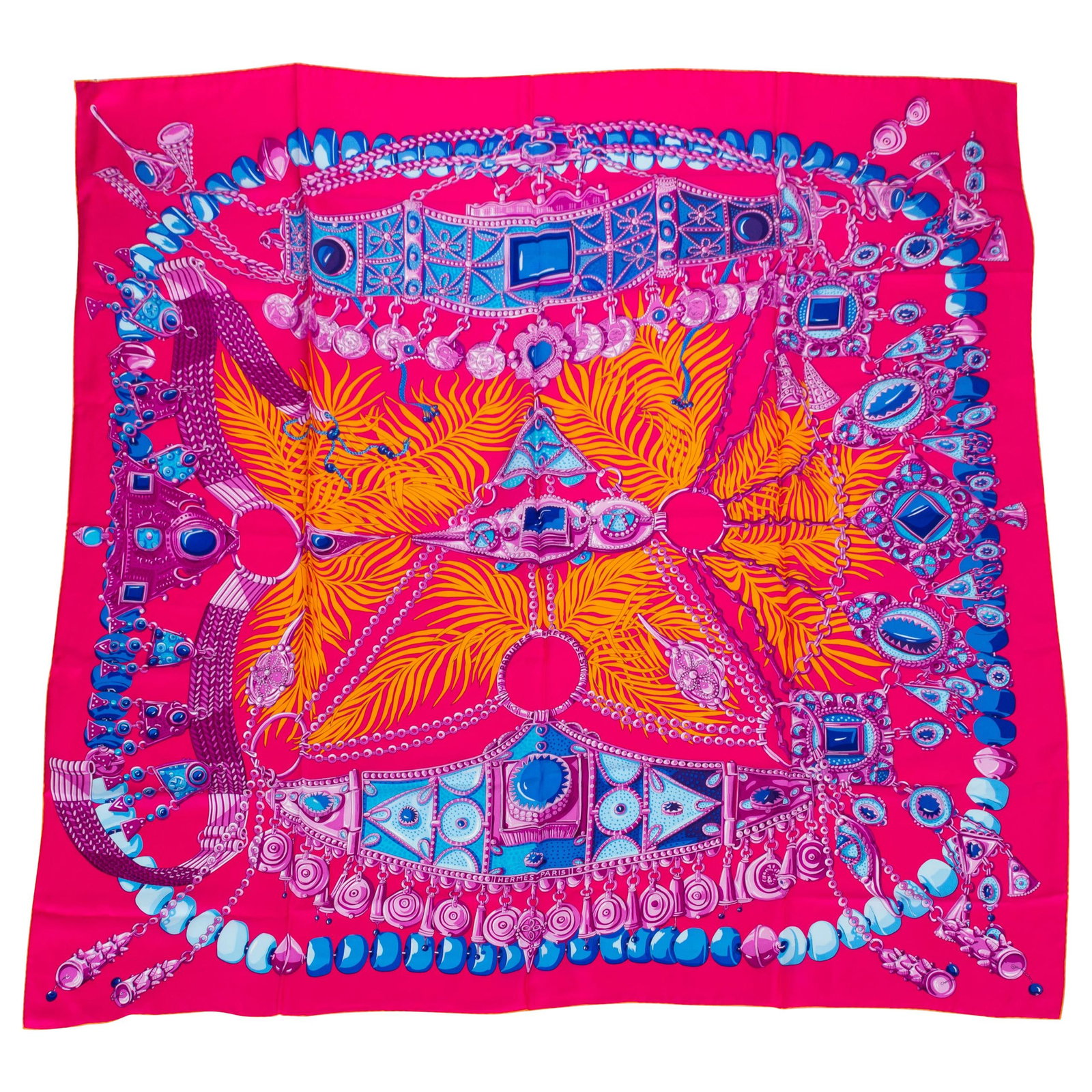 Hermes Parures Precieuses 54 Inch Silk Shawl New in Box: Hermes Parures Precieuses 54 Inch Silk Shawl New in Box Experience elegance with this exquisite Hermes Parures Precieuses Silk Shawl, measuring a generous 54" square. Crafted from luxurious silk twill