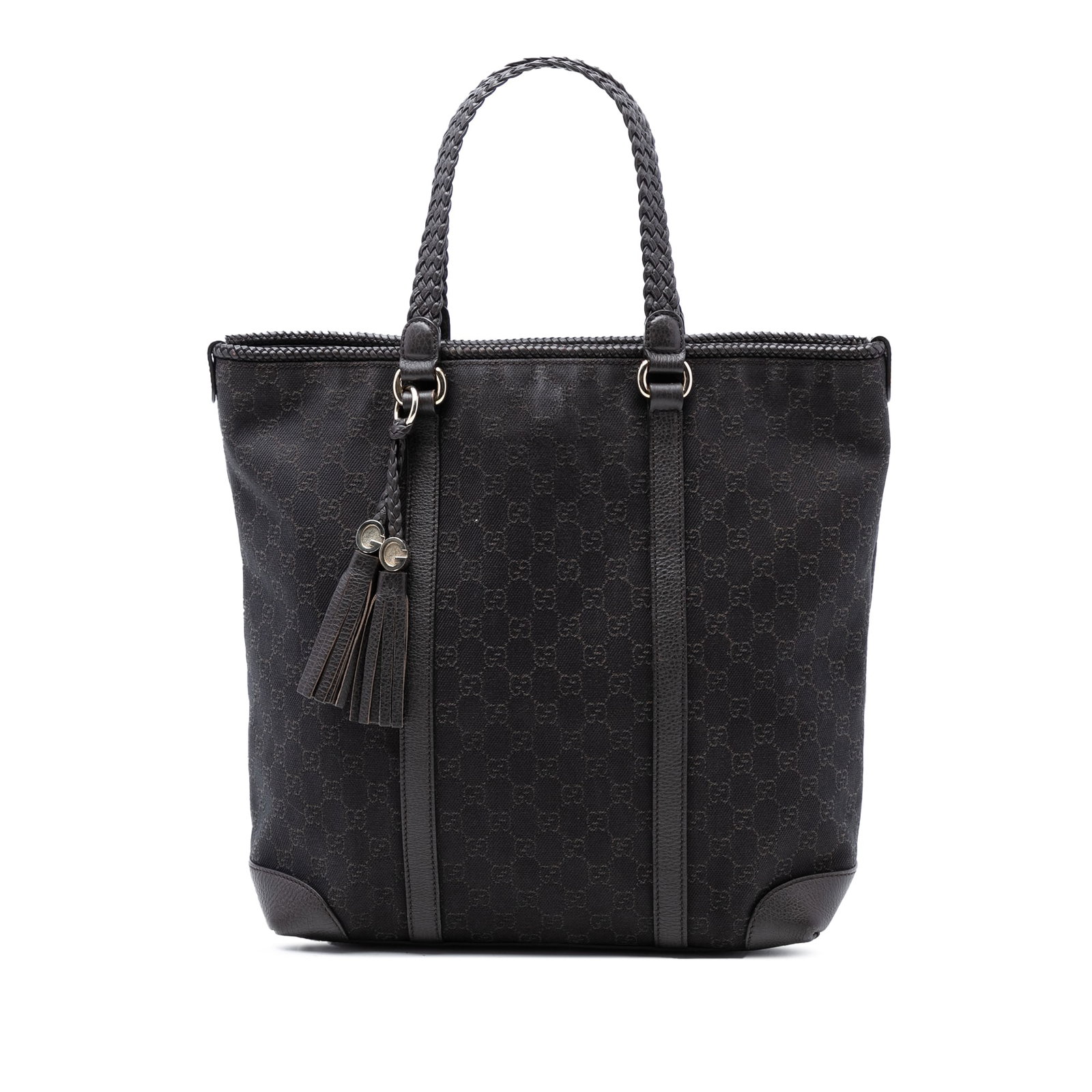 Large Marrakech Tote Bag in GG Denim with Braided Leather Handles by Gucci: Large Marrakech Tote Bag in GG Denim with Braided Leather Handles by Gucci The Gucci Large GG Denim Marrakech Tote features a denim body, braided leather handles, an open top with hook closure, and in