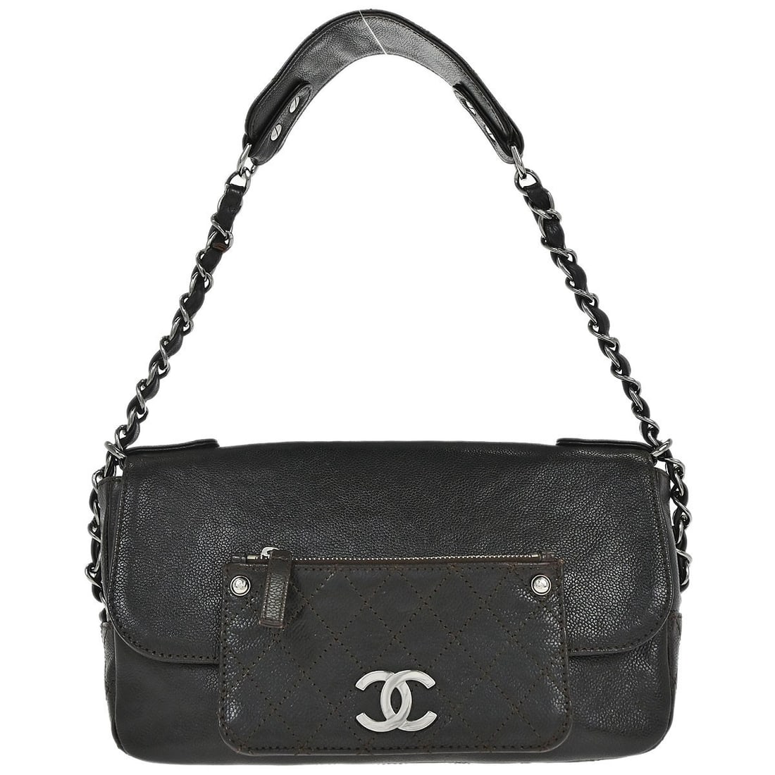 CHANEL Caviar Top Handle Bag Brown Calfskin: CHANEL Caviar Top Handle Bag Brown Calfskin This Chanel handbag is crafted from dark brown caviar skin leather, featuring a medium-sized silhouette with a top handle design. The exterior is accented w