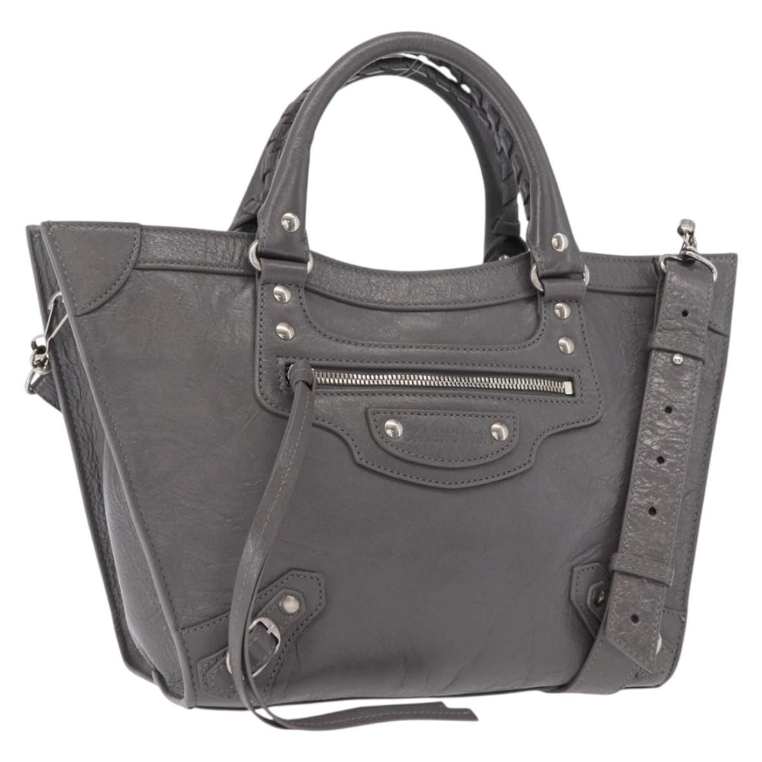 Balenciaga Neo Classic Medium Gray Leather Two Way Handbag with Shoulder Strap: Balenciaga Neo Classic Medium Gray Leather Two Way Handbag with Shoulder Strap This Balenciaga Neo Classic M handbag features a sophisticated gray and silver leather exterior and can be carried by han