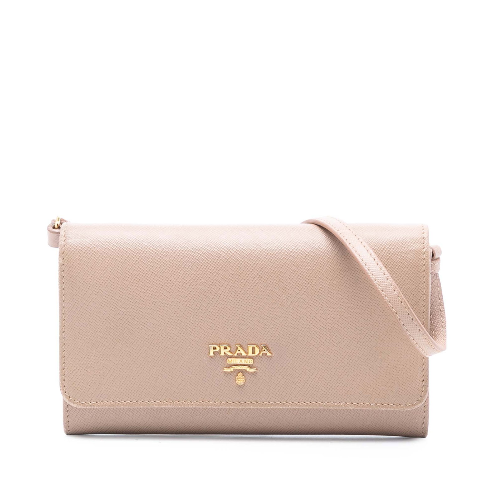 Prada Saffiano Leather Crossbody Wallet with Strap in Beige: Prada Saffiano Leather Crossbody Wallet with Strap in Beige This Prada Saffiano Wallet on Strap features a beige saffiano leather exterior, a flat leather shoulder strap, and a front flap with snap cl
