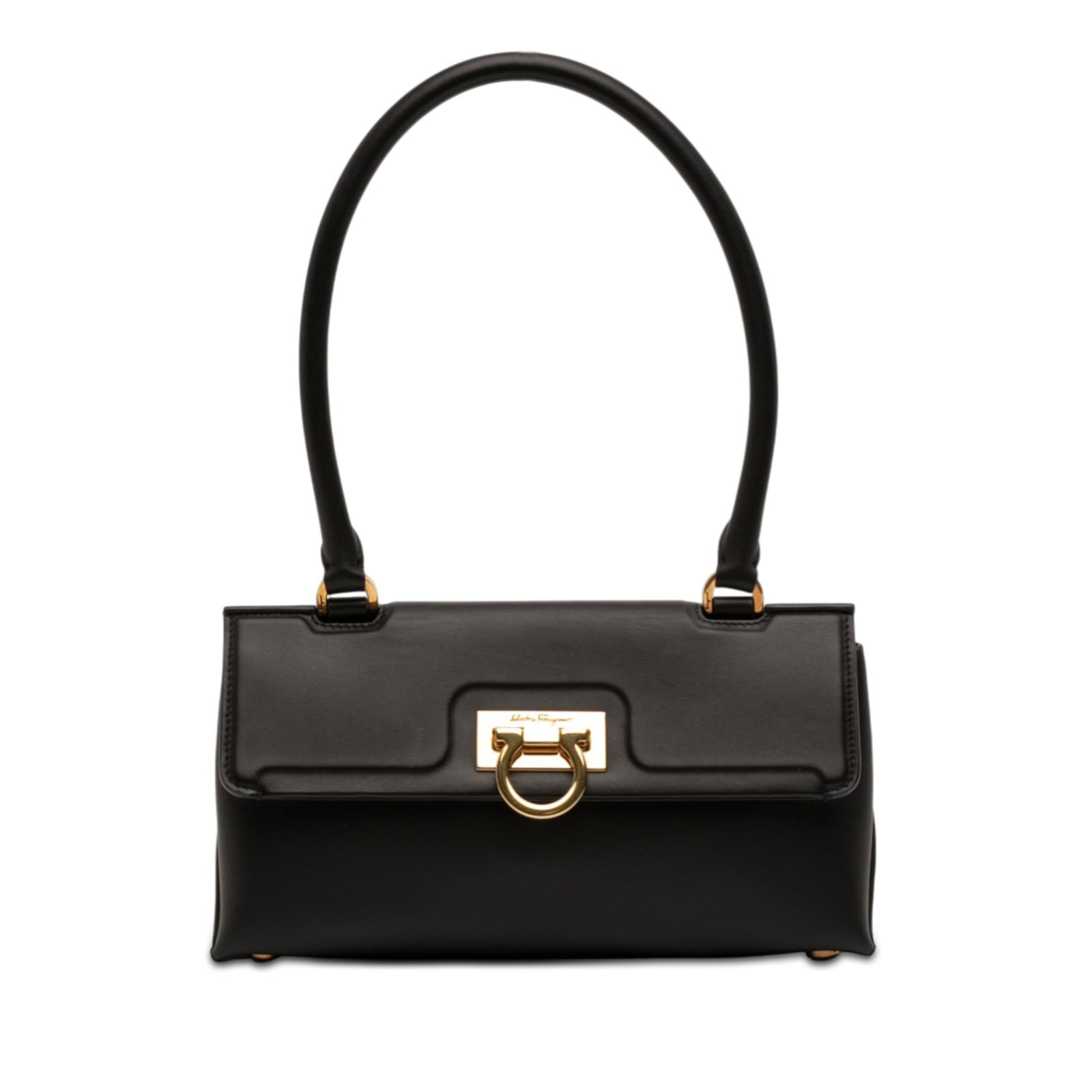 Black Leather Gancini Trifolio Swing Handbag with Top Handle by Ferragamo (1 of 11)