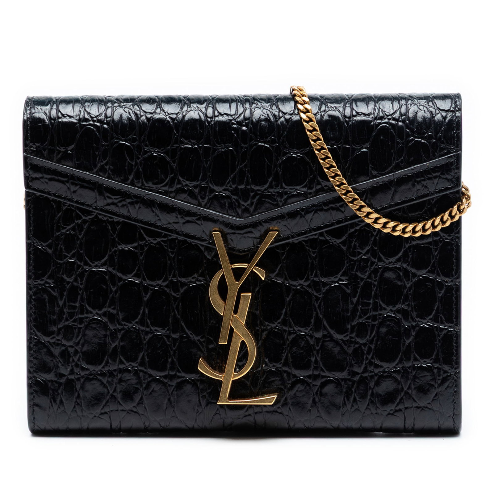 Saint Laurent Cassandra Croc Embossed Leather Chain Wallet with Detachable Strap: Saint Laurent Cassandra Croc Embossed Leather Chain Wallet with Detachable Strap This Saint Laurent Shiny Croc Embossed Calfskin Monogram Cassandra Chain Wallet showcases a sophisticated embossed leat