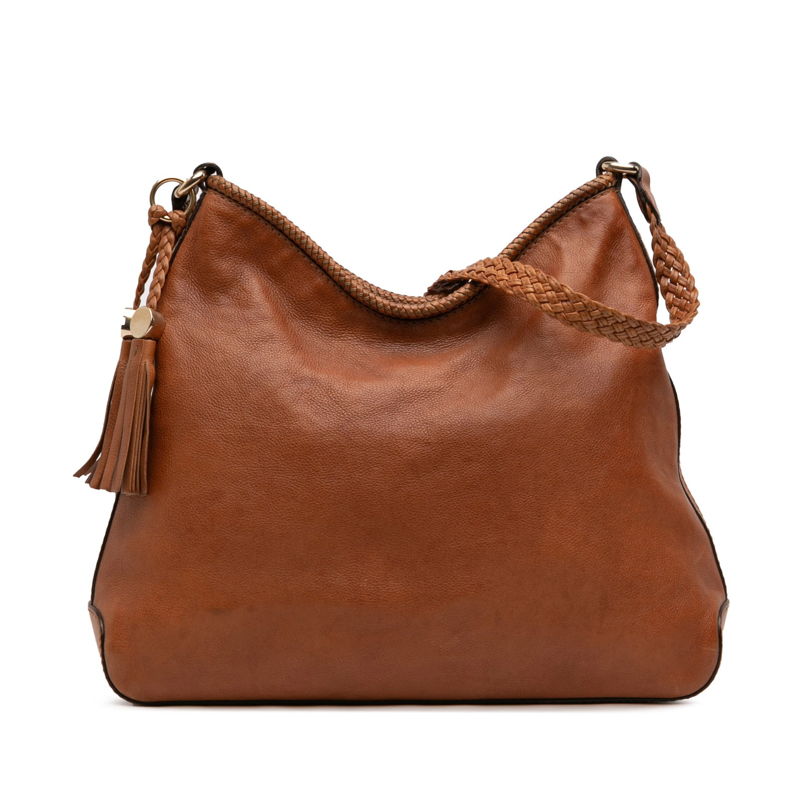 Marrakech Brown Leather Shoulder Purse with Tassel by Gucci: Marrakech Brown Leather Shoulder Purse with Tassel by Gucci This Gucci Marrakech shoulder bag is crafted from brown leather and features a woven leather strap, a tassel detail, and an open top secured