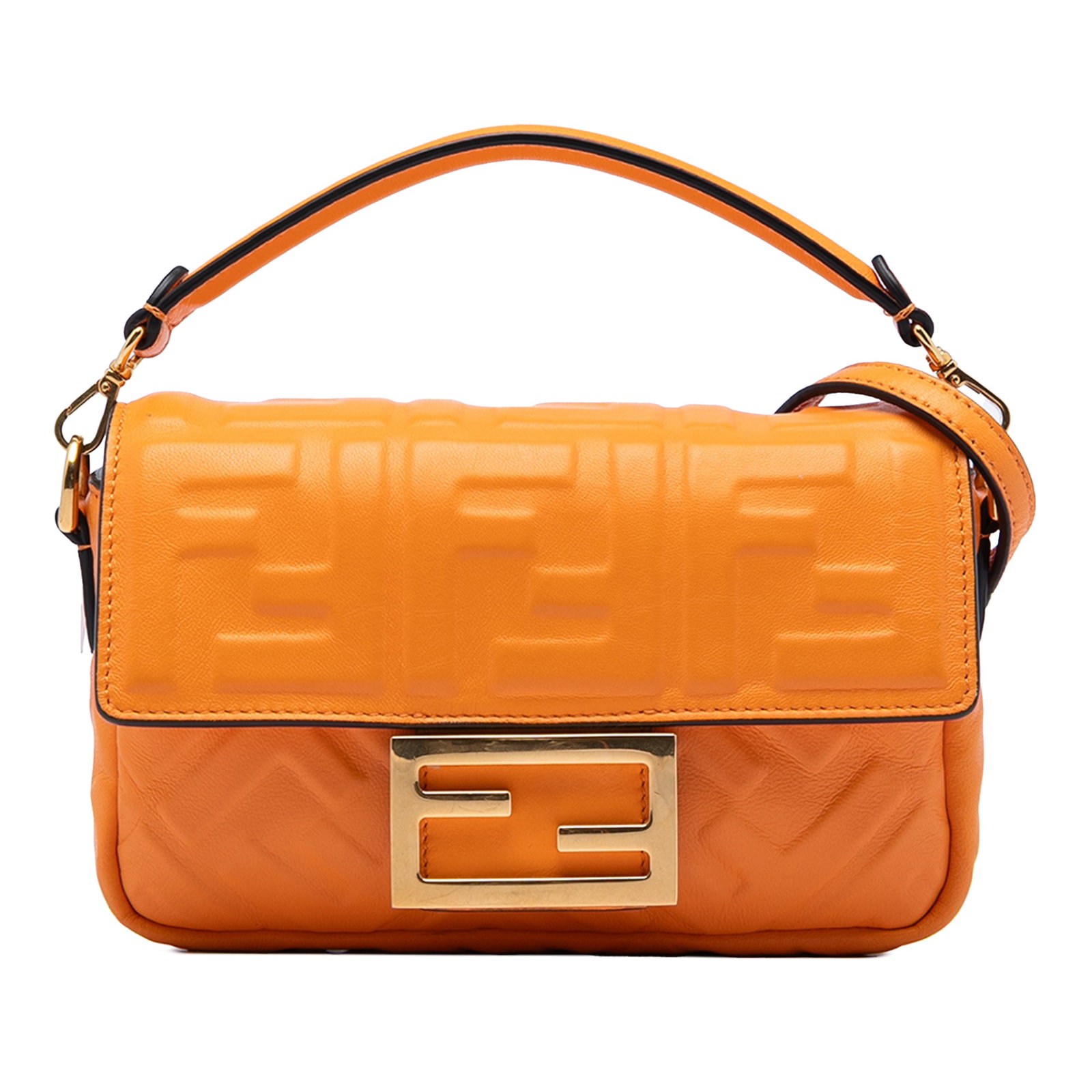 Fendi Mini Baguette Satchel in Embossed Orange Leather with Detachable Chain (1 of 8)