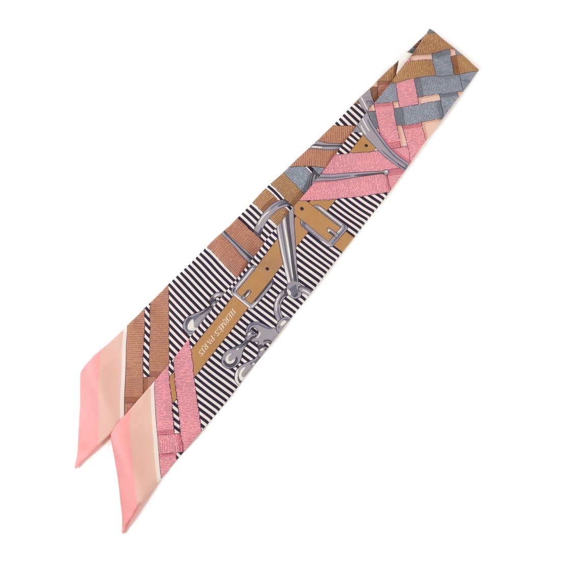 Silk Twilly Scarf in Pink and Gray by Hermes: Silk Twilly Scarf in Pink and Gray by Hermes This Hermes Twilly scarf is crafted from luxurious silk and features a pink color palette with gray and brown accents. Designed for women, this regular siz