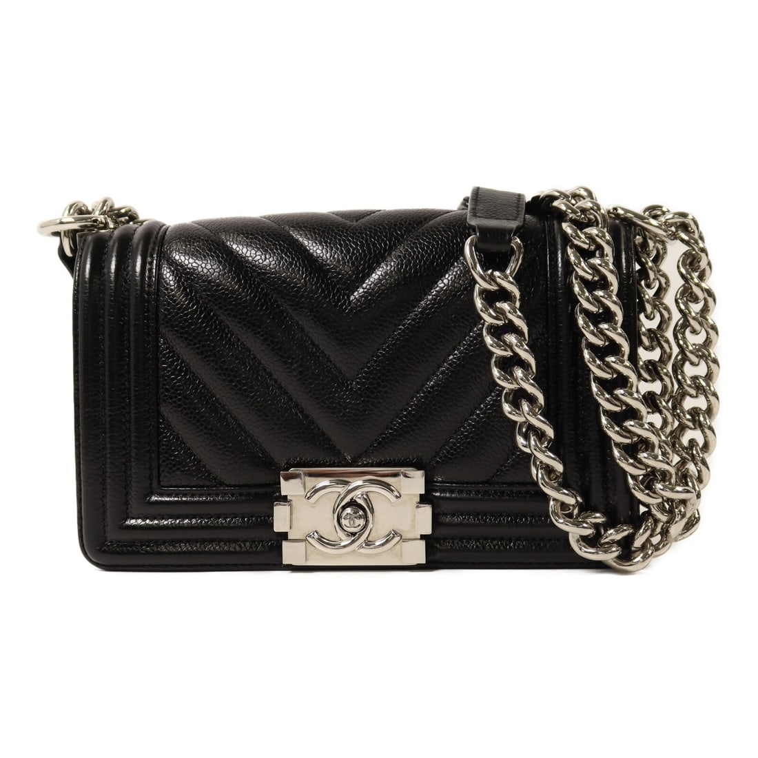 Chanel Boy 20 Black Calfskin Shoulder Bag with Silver Tone Chain: Chanel Boy 20 Black Calfskin Shoulder Bag with Silver Tone Chain This CHANEL Boy 20 Chain Shoulder Bag features black calfskin leather and silver-tone hardware. Designed for women, it offers a chic an