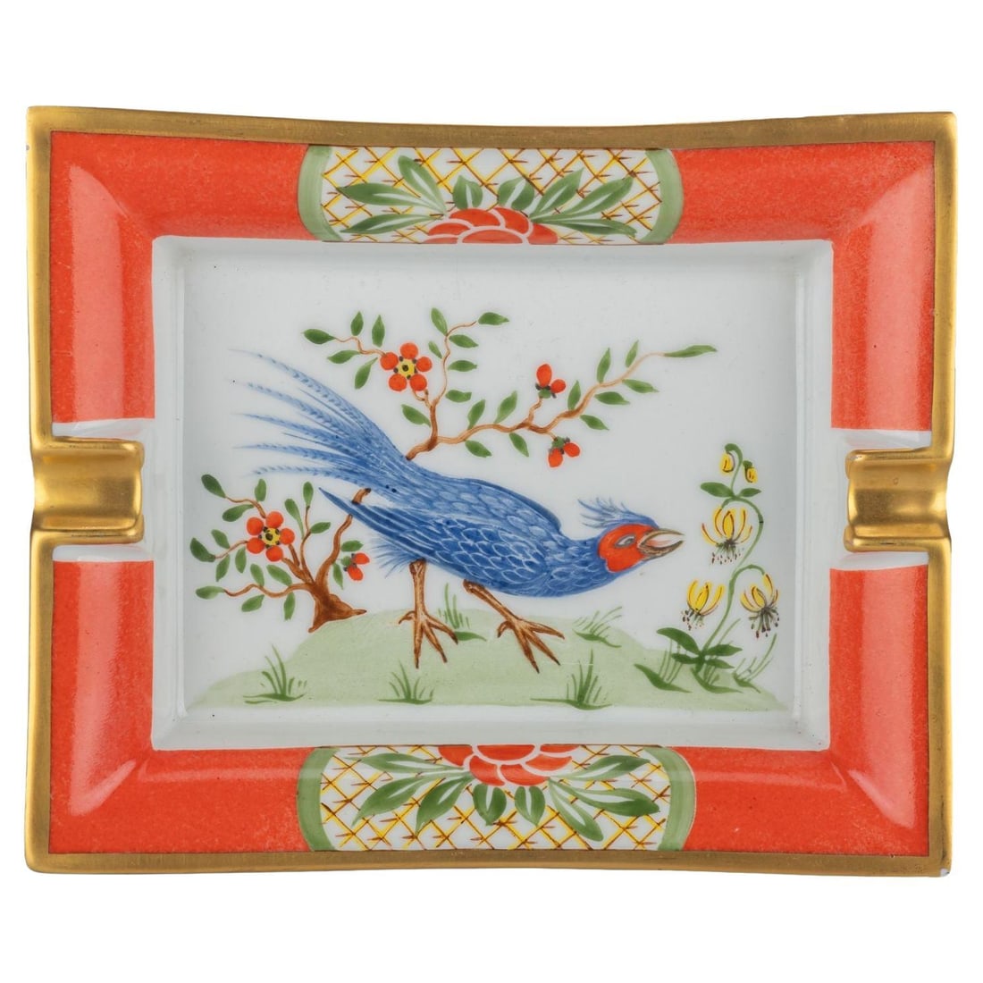 Hermes Blue Bird Gold Porcelain Ashtray Made in France Special Edition: Hermes Blue Bird Gold Porcelain Ashtray Made in France Special Edition This exquisite Hermes ashtray features a stunning blue bird design complemented by vibrant orange and gold accents. Crafted from 