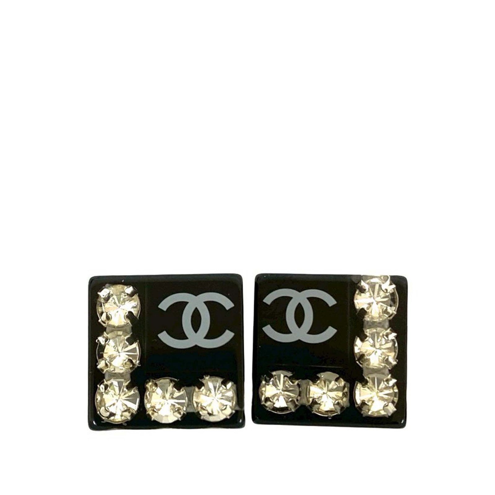 Chanel Square Clip Earrings Black Resin with Rhinestone Accents: Chanel Square Clip Earrings Black Resin with Rhinestone Accents These Chanel CC clip-on earrings feature a square design with black resin bodies and sparkling rhinestone embellishments. The earrings h