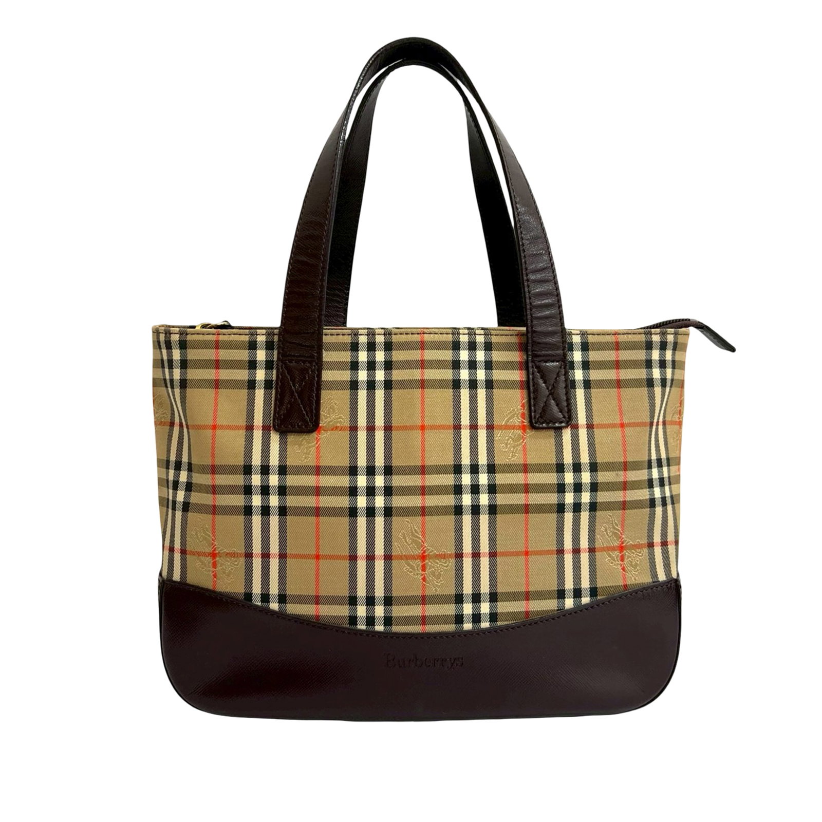 Burberry Tote Bag with Haymarket Check Canvas and Leather Trim: Burberry Tote Bag with Haymarket Check Canvas and Leather Trim This Burberry Haymarket Check Canvas Tote features the iconic check canvas body with leather bottom and trim, flat leather straps, a top 