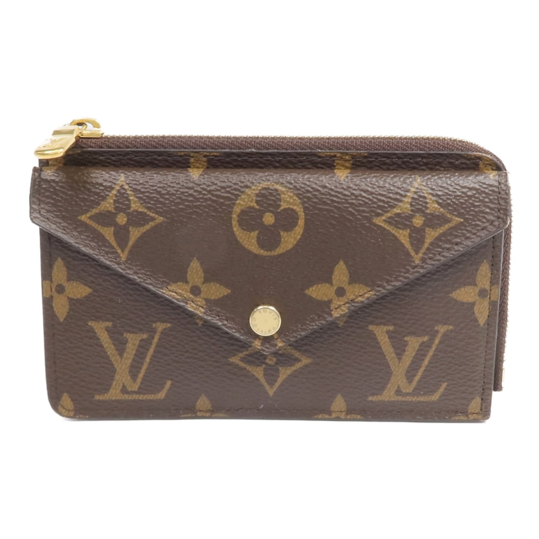 LV Recto Verso Brown Card Holder with Gold Hardware M69431: LV Recto Verso Brown Card Holder with Gold Hardware M69431 This Louis Vuitton Recto Verso card case is crafted from brown PVC coated canvas in the iconic Monogram pattern. Designed for unisex use, the