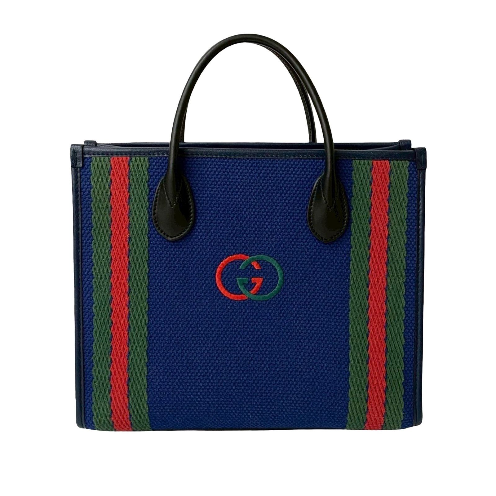 Gucci Blue Canvas Satchel with Leather Trim and Interlocking G Motif: Gucci Blue Canvas Satchel with Leather Trim and Interlocking G Motif This Gucci Canvas Interlocking G Satchel features a canvas body with leather trim, rolled leather handles, an open top with a hook 