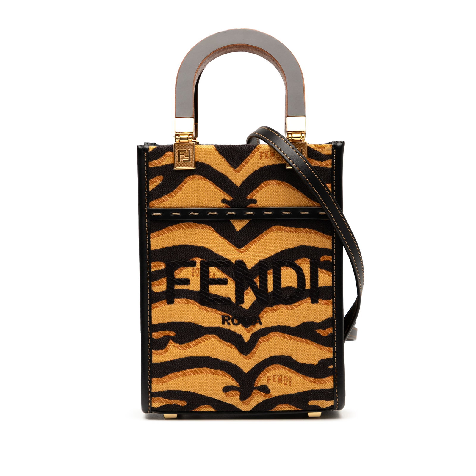 Fendi Mini Sunshine Shopper Tote Canvas Tiger Print Bag: Fendi Mini Sunshine Shopper Tote Canvas Tiger Print Bag Introducing the Fendi Mini Embroidered Canvas Tiger Print Sunshine Shopper Tote, a stylish and practical accessory that showcases a unique tiger