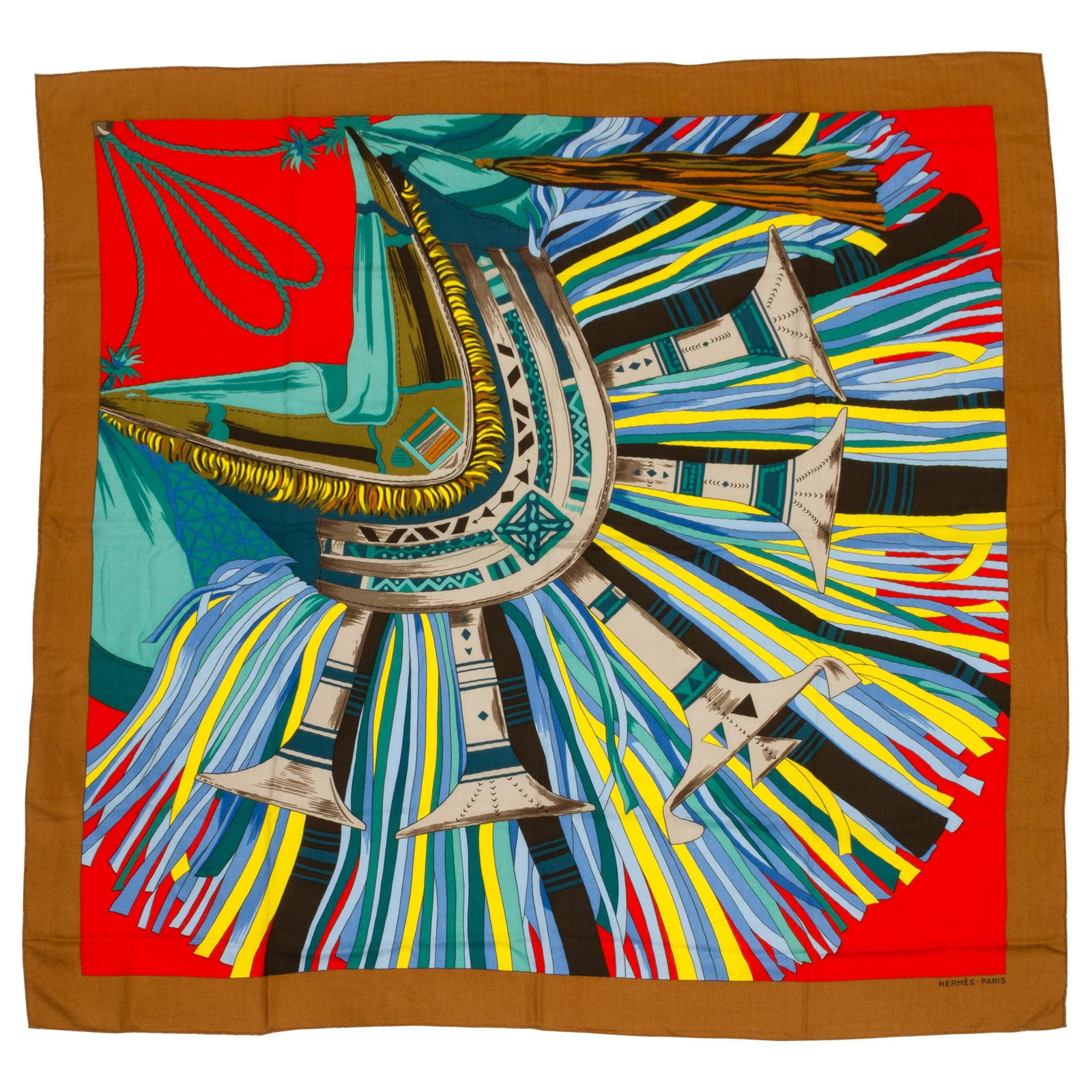 Hermes 54 Inch Fringe Cashmere Silk Shawl by De la Perriere: Hermes 54 Inch Fringe Cashmere Silk Shawl by De la Perriere Elevate your wardrobe with this exquisite Hermes Fringe Cashmere Silk Shawl, measuring 54 inches square. Crafted from a luxurious blend of c