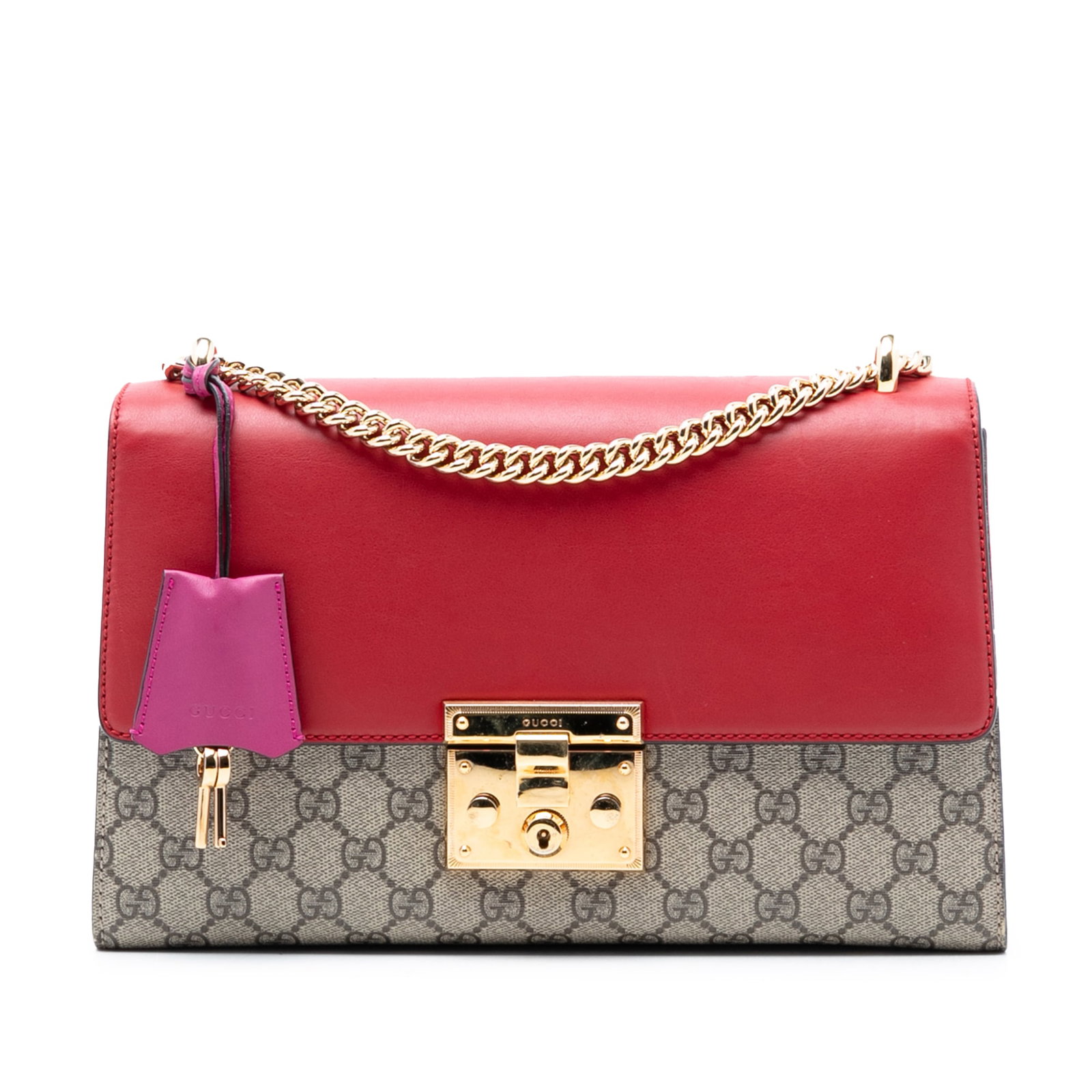 Gucci GG Supreme Medium Padlock Shoulder Bag with Gold Chain Strap: Gucci GG Supreme Medium Padlock Shoulder Bag with Gold Chain Strap This Gucci Medium GG Supreme Padlock Shoulder Bag features a coated canvas exterior with a beige color scheme and gold-tone chain str