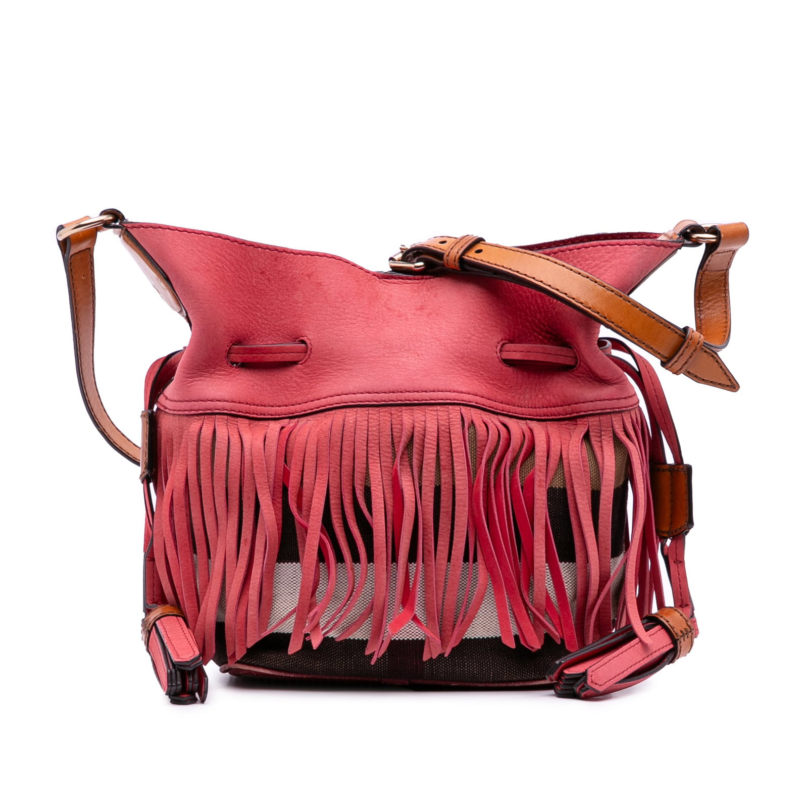 Burberry Small Mega Check Suede Fringe Belgrove Bucket Bag: Burberry Small Mega Check Suede Fringe Belgrove Bucket Bag Introducing the Burberry Small Mega Check Canvas and Suede Fringe Belgrove Bucket Bag, a stylish accessory that combines practicality and ele