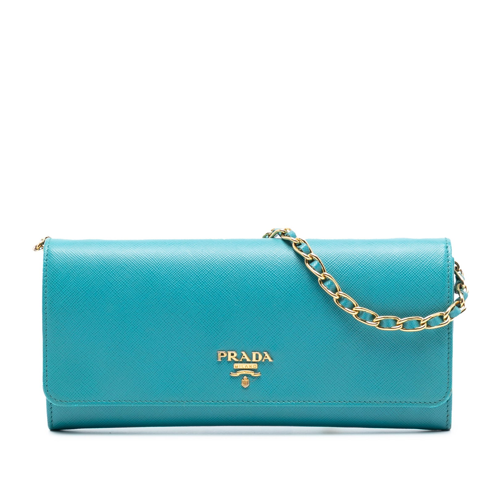 Blue Prada Saffiano Leather Chain Wallet with Flap and Interior Compartments: Blue Prada Saffiano Leather Chain Wallet with Flap and Interior Compartments This Prada Saffiano Wallet On Chain is crafted from blue saffiano leather and features a leather-woven chain strap, a front