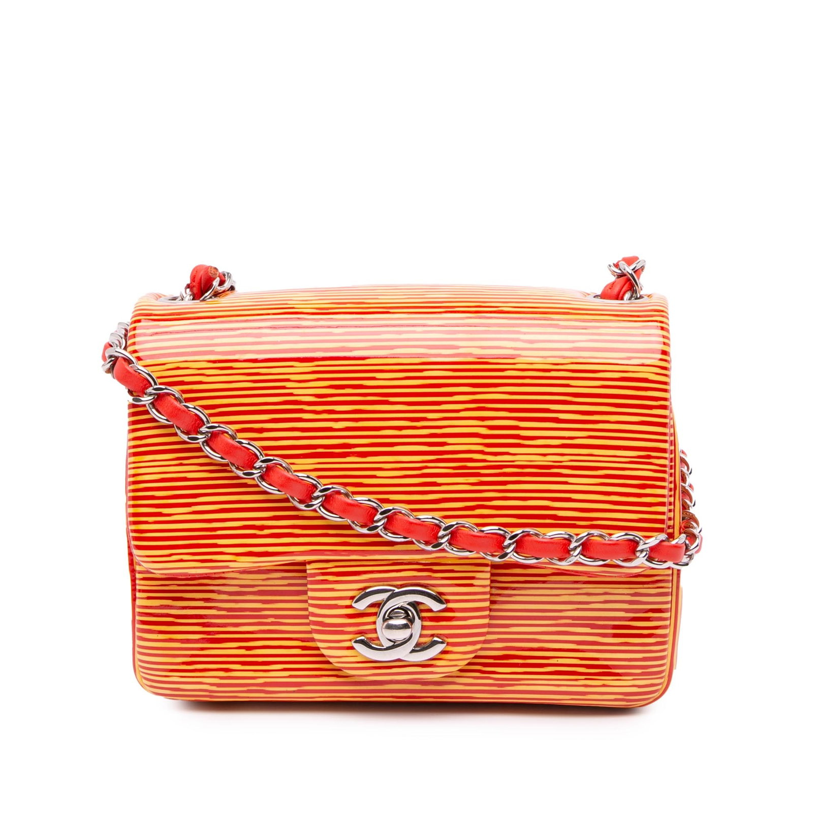 Chanel Mini Square Classic Patent Flap Bag Orange Leather: Chanel Mini Square Classic Patent Flap Bag Orange Leather The Chanel Mini Square Classic Patent Striped Single Flap bag is a stylish accessory crafted from patent leather, showcasing a vibrant orange 