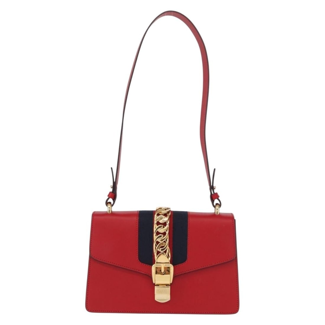Gucci Sylvie Red Leather Shoulder Bag 25cm by 15cm by 7cm: Gucci Sylvie Red Leather Shoulder Bag 25cm by 15cm by 7cm This pre-owned Gucci Sylvie Shoulder Bag for women is crafted from red leather and features a compact design suitable for daily use. It shows 