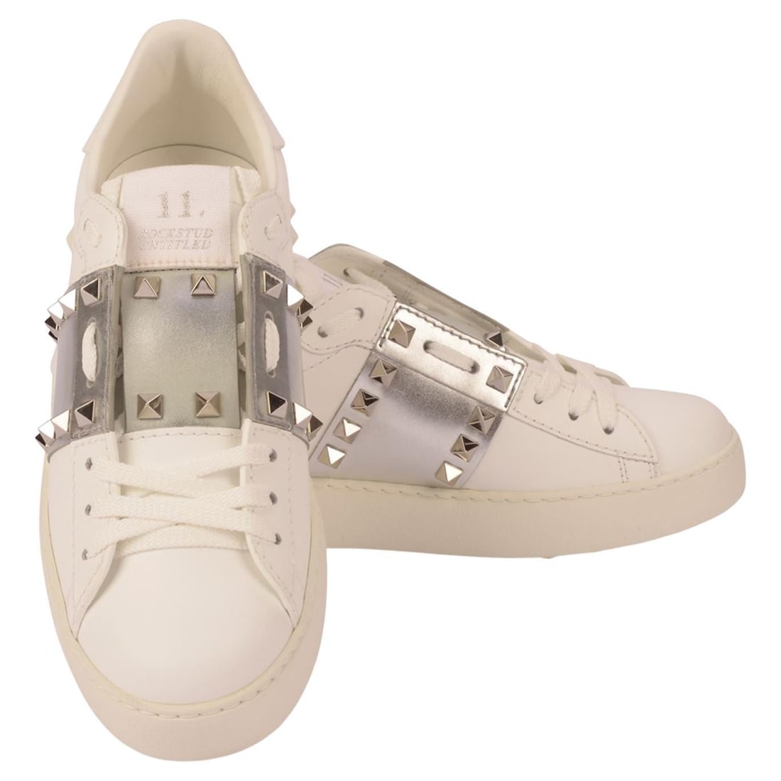 Valentino Garavani Rockstud Untitled White Leather Sneakers New in Box: Valentino Garavani Rockstud Untitled White Leather Sneakers New in Box Valentino Garavani Rockstud Untitled low-top sneakers crafted from white calfskin leather, featuring platinum-finish studs and a 