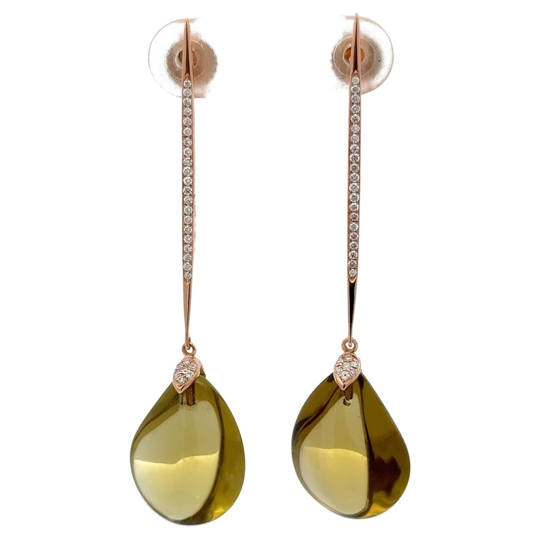 18k Rose Gold Pear Cut Olive Green Quartz Diamond Drop Earrings Contemporary: 18k Rose Gold Pear Cut Olive Green Quartz Diamond Drop Earrings Contemporary These contemporary drop earrings are crafted in 18k rose gold and showcase two pear-shaped olive green quartz stones totali