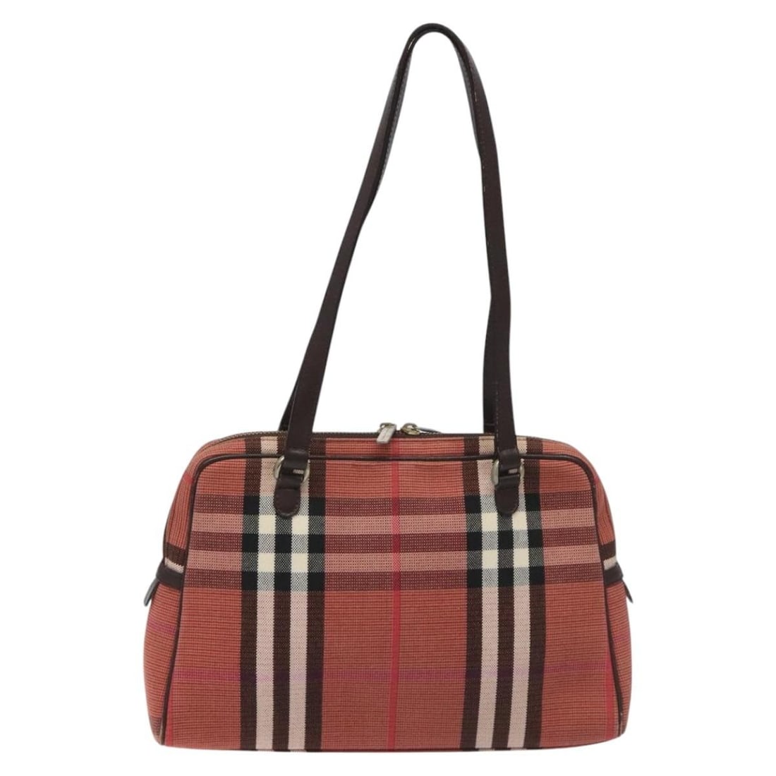 Red Canvas Nova Check Shoulder Bag by Burberry: Red Canvas Nova Check Shoulder Bag by Burberry This Burberry Nova check shoulder bag features a red canvas exterior and is designed for women. The bag shows signs of use, including rubbing and loss of