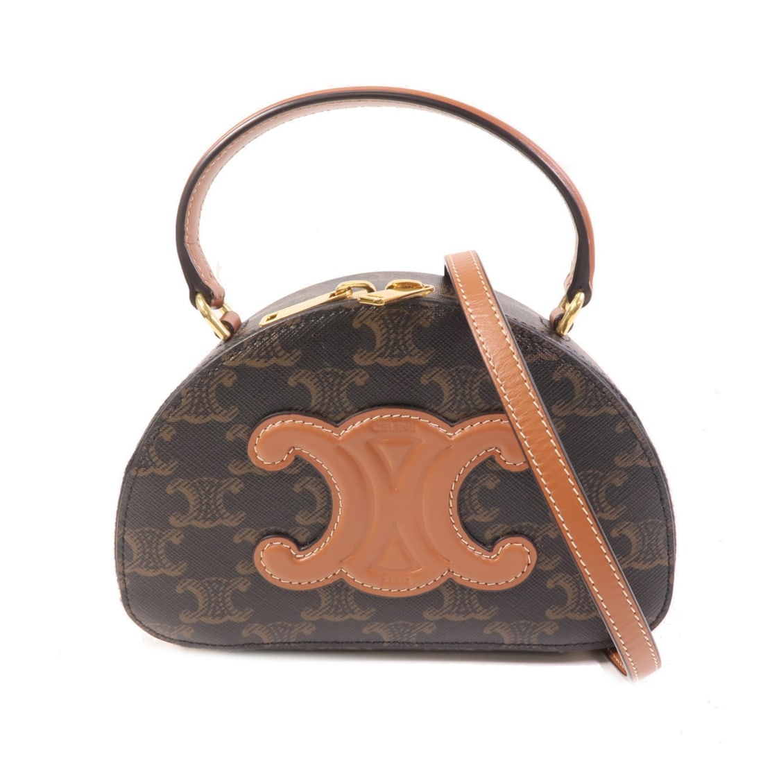 Celine Half Moon Shoulder Bag Brown PVC Coated Canvas Gold Hardware: Celine Half Moon Shoulder Bag Brown PVC Coated Canvas Gold Hardware This CELINE Half Moon Case 2-way shoulder bag features a brown PVC coated canvas exterior. Designed for versatility, it can be worn 
