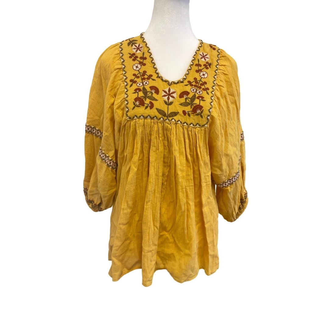 Max Studio Honey Yellow Floral Embroidered Blouse with Balloon Sleeves: Max Studio Honey Yellow Floral Embroidered Blouse with Balloon Sleeves Elevate your wardrobe with this stunning Max Studio Boho Floral Embroidered Top in a vibrant honey yellow. Designed for the moder