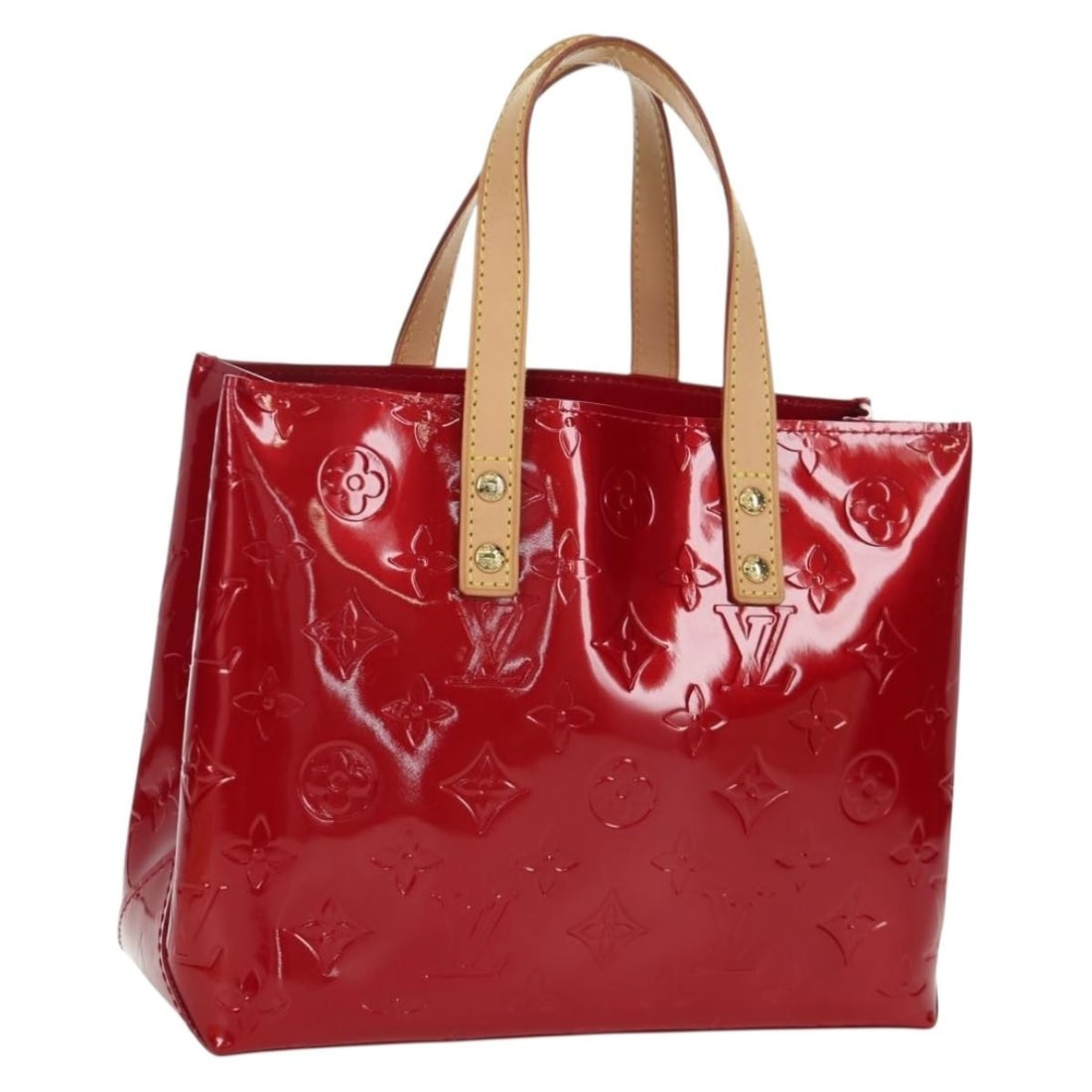 Louis Vuitton Reade PM Pomme D'amour Patent Leather Handbag M91990: Louis Vuitton Reade PM Pomme D'amour Patent Leather Handbag M91990 This Louis Vuitton Vernis Reade PM handbag in the Pomme D'amour color features glossy patent leather and a structured silhouette. Des