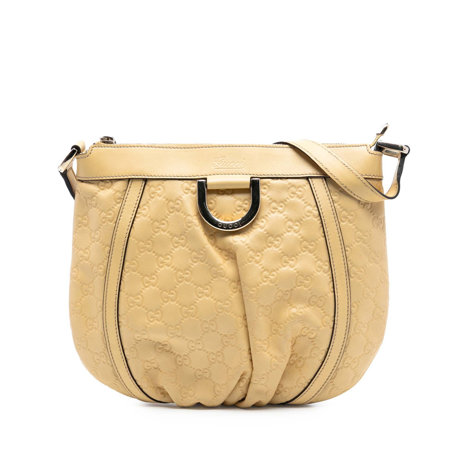 Gucci Abbey Guccissima Leather Crossbody Bag with D Ring Accent: Gucci Abbey Guccissima Leather Crossbody Bag with D Ring Accent This Gucci Guccissima Abbey D Ring Crossbody bag features embossed leather in beige, an adjustable flat strap, a top zip closure, and bo