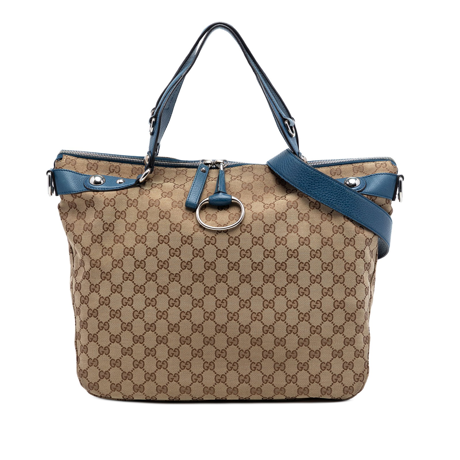 Gucci GG Canvas Icon Bit Beige Satchel with Leather Trim: Gucci GG Canvas Icon Bit Beige Satchel with Leather Trim This Gucci Large GG Canvas Icon Bit Satchel features a beige canvas body with leather trim, flat leather handles, and a detachable flat leather