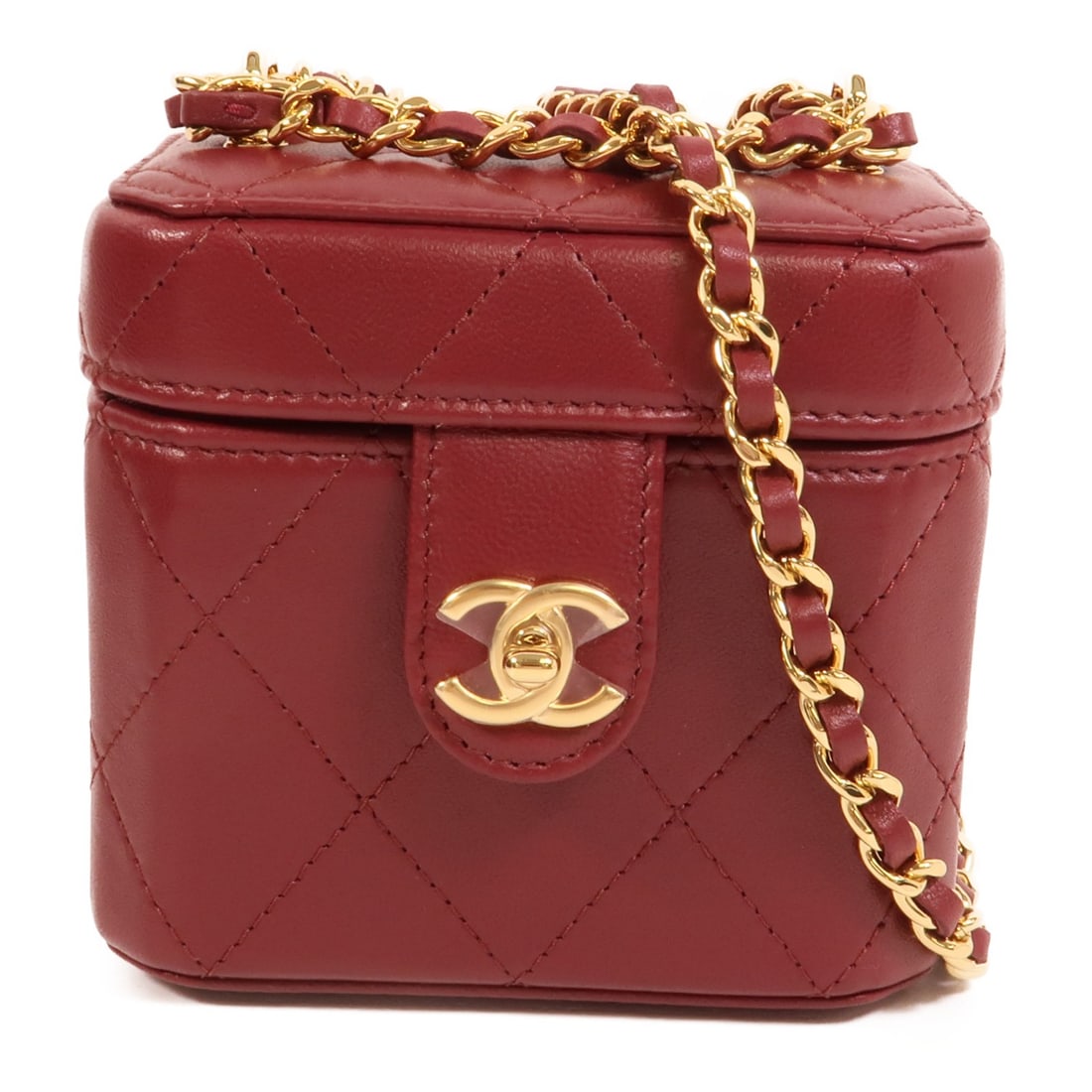 CHANEL Red Calfskin Mini Vanity Shoulder Bag CC GHW: CHANEL Red Calfskin Mini Vanity Shoulder Bag CC GHW This CHANEL mini vanity case shoulder bag is crafted from red calfskin leather and features the signature CC detailing. Designed as a compact should