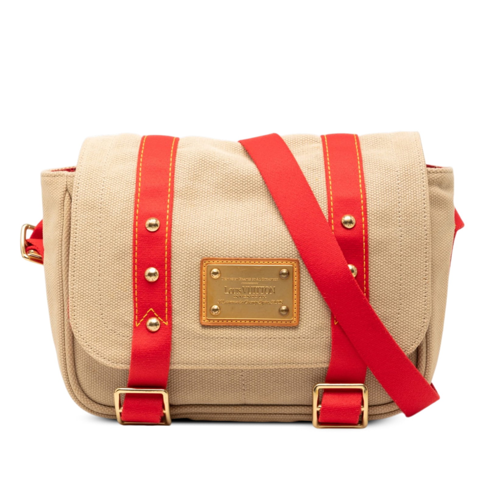 Louis Vuitton Antigua Canvas Shoulder Bag with Buckle Flap Beige: Louis Vuitton Antigua Canvas Shoulder Bag with Buckle Flap Beige The Louis Vuitton Antigua Besace PM is a beige shoulder bag crafted from durable fabric. It features a flat shoulder strap and a front 