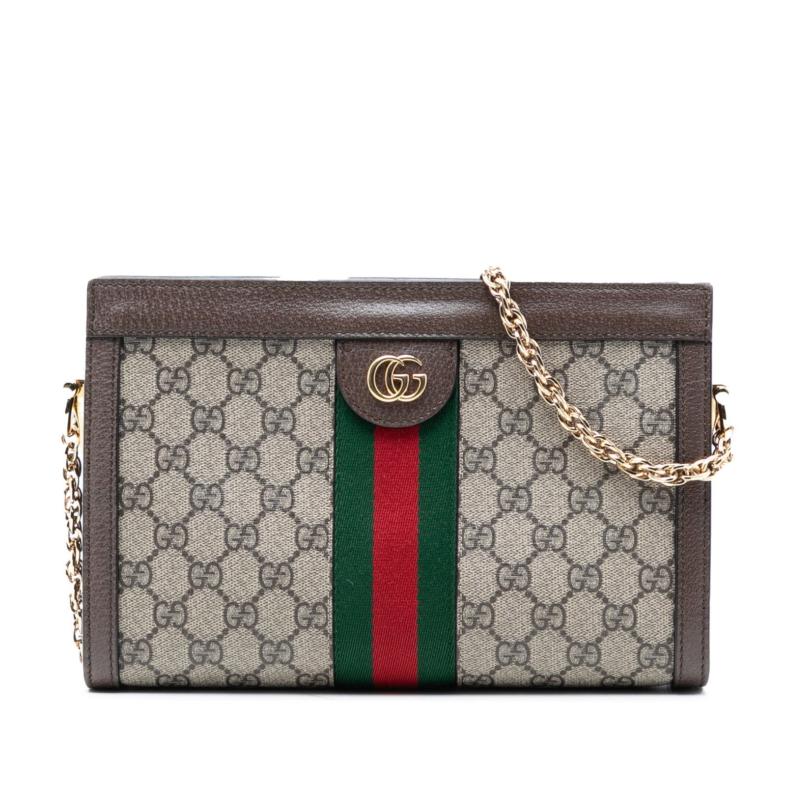 Gucci Ophidia Small GG Supreme Canvas Web Chain Crossbody Bag: Gucci Ophidia Small GG Supreme Canvas Web Chain Crossbody Bag This Gucci Small GG Supreme Web Ophidia Chain Crossbody features a coated canvas body with leather trim, a gold-tone chain strap, a magnet