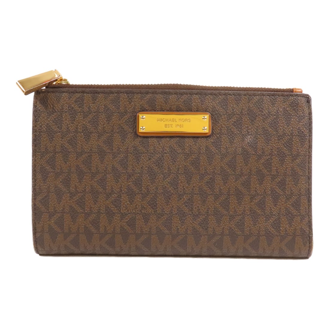Michael Kors Brown PVC Canvas Bifold Wallet with Gold Hardware: Michael Kors Brown PVC Canvas Bifold Wallet with Gold Hardware This Michael Kors bifold long wallet features a brown PVC coated canvas construction with a gold tone hardware accent. It is designed in 